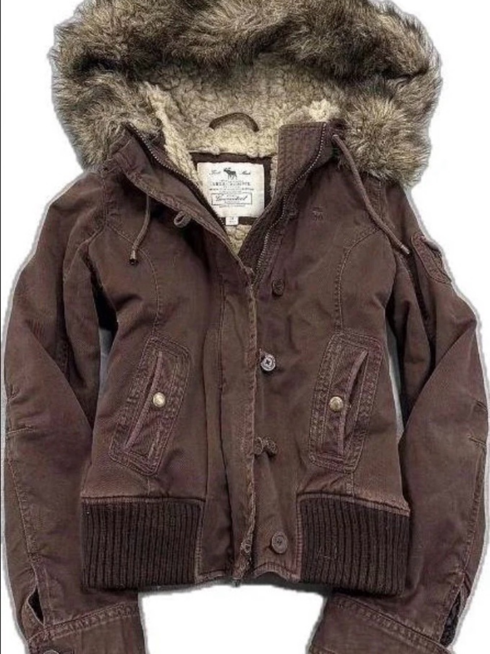 Abercrombie & Fitch Brown Bomber Jacket with Faux-Fur Hood